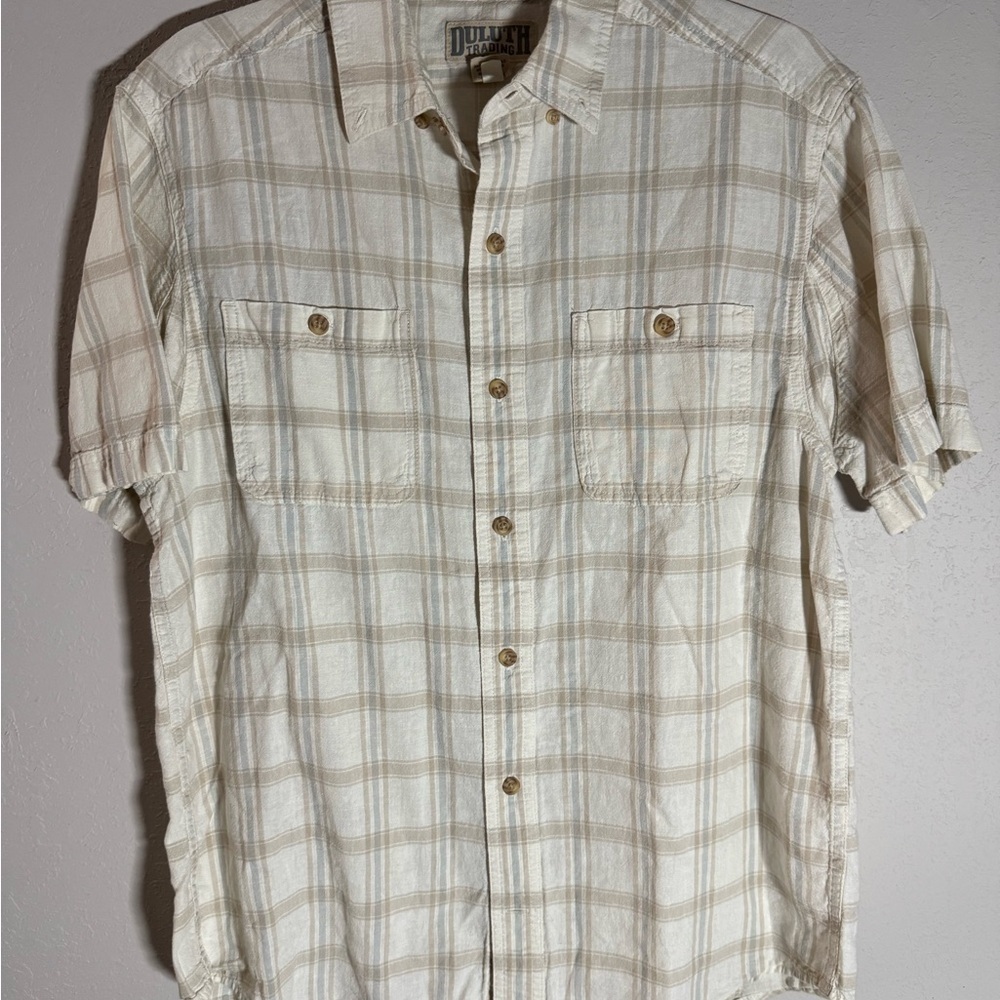 Men’s M Cream Duluth Organic Plaid Outdoor Lightweight Workman Button Up Shirt